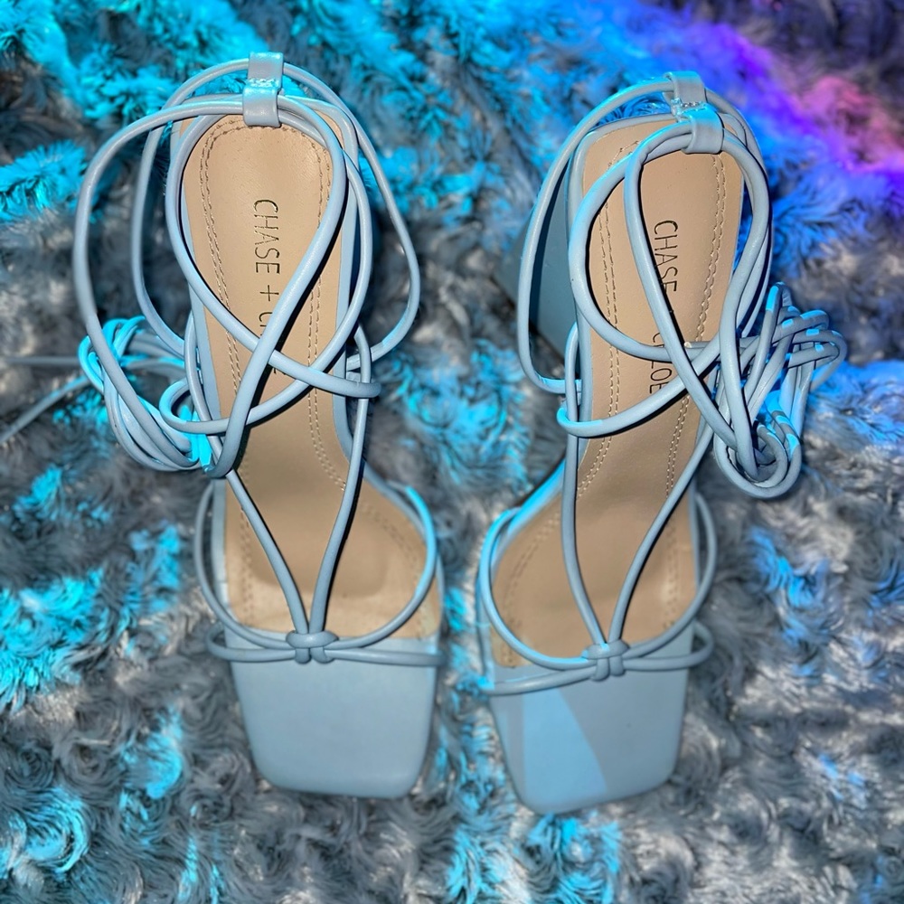Lace up baby blue chunky heel